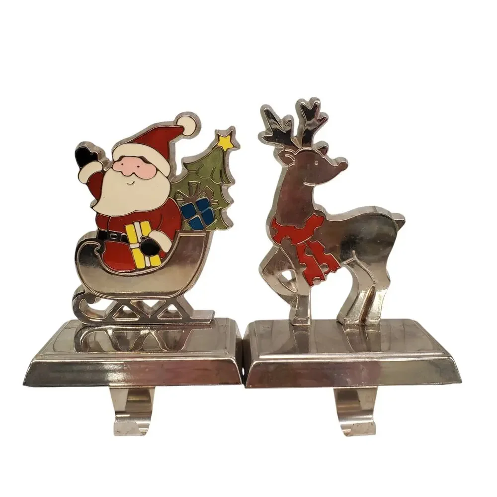 Vintage Santa Claus and Reindeer Stocking Holders Heavy Metal